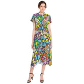 Drawstring Waist A-line Flared Midi Dress