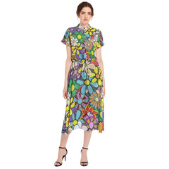 Drawstring Waist A-line Flared Midi Dress