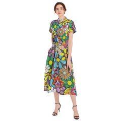 Drawstring Waist A-line Flared Midi Dress