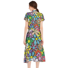 Drawstring Waist A-line Flared Midi Dress