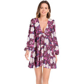 Lantern Sleeve Deep V-Neck Short Dress