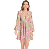 Lantern Sleeve Deep V-Neck Short Dress