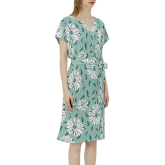 Betwing Seleeve Notch Neck Casual Dress with Belt