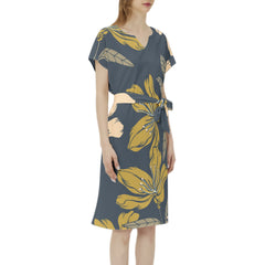 Betwing Seleeve Notch Neck Casual Dress with Belt