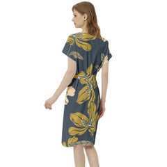 Betwing Seleeve Notch Neck Casual Dress with Belt