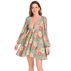 Lantern Sleeve Deep V-Neck Short Dress