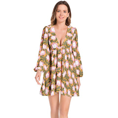 Lantern Sleeve Deep V-Neck Short Dress