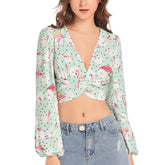 Women's Deep V-Neck Lantern Sleeve Crop Top