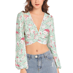 Women's Deep V-Neck Lantern Sleeve Crop Top