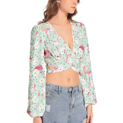 Women's Deep V-Neck Lantern Sleeve Crop Top