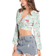 Women's Deep V-Neck Lantern Sleeve Crop Top