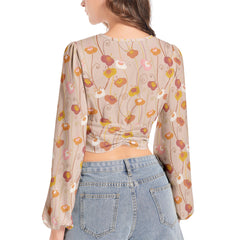 Women's Deep V-Neck Lantern Sleeve Crop Top