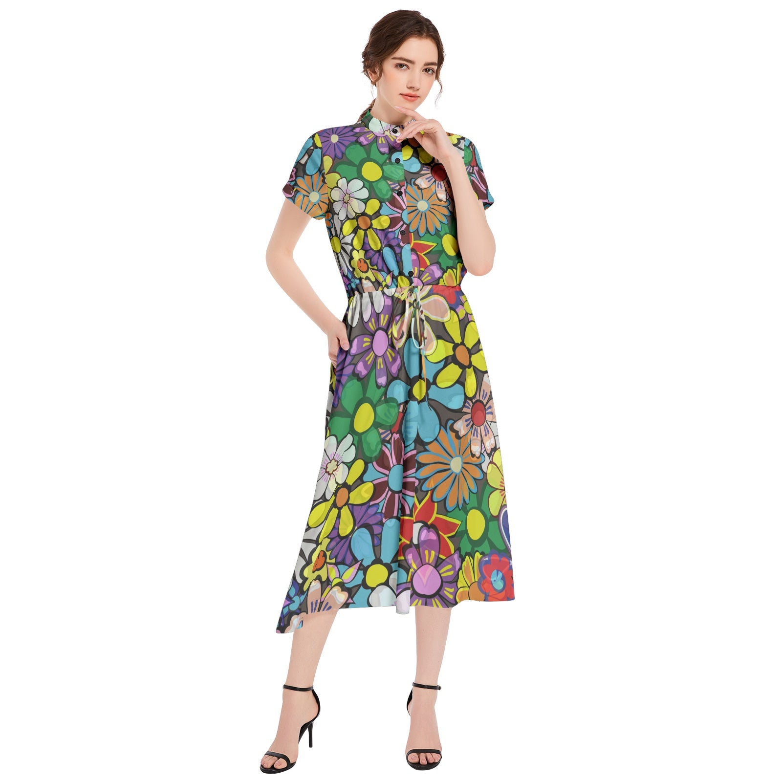Drawstring Waist A-line Flared Midi Dress