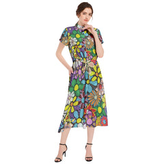 Drawstring Waist A-line Flared Midi Dress