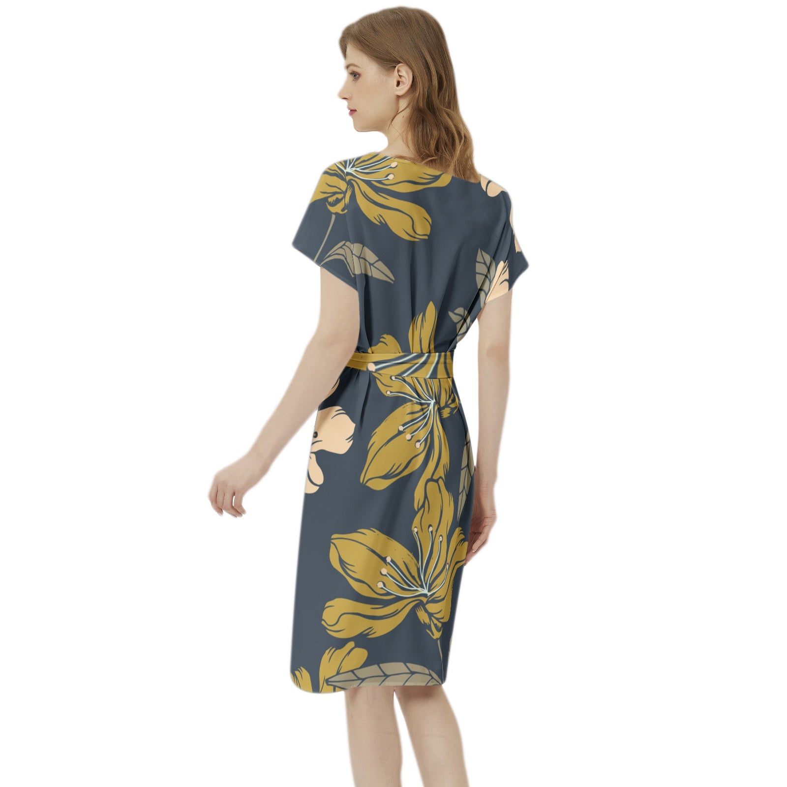 Betwing Seleeve Notch Neck Casual Dress with Belt
