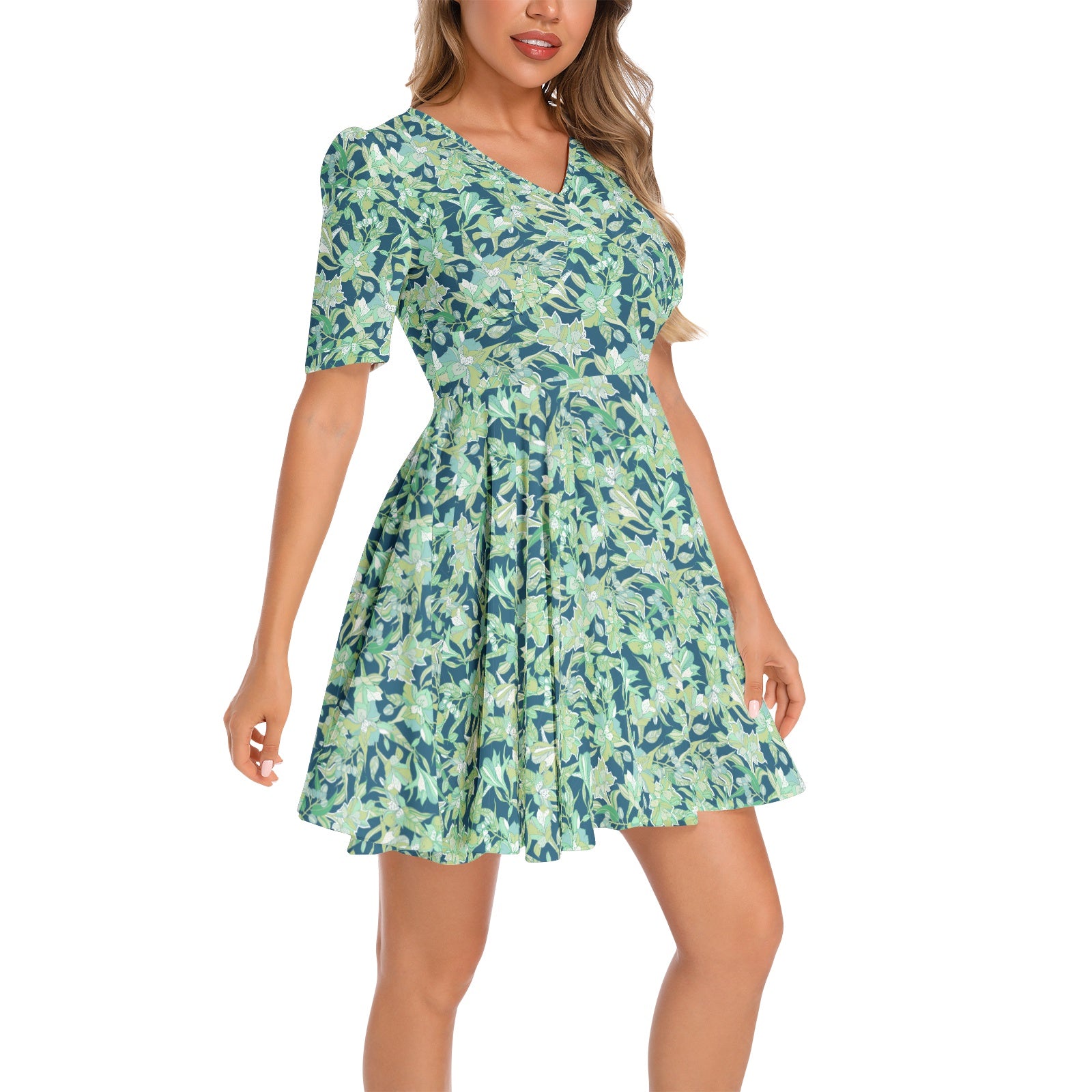 Short Sleeve Ruched Bust Flared Hem Dress