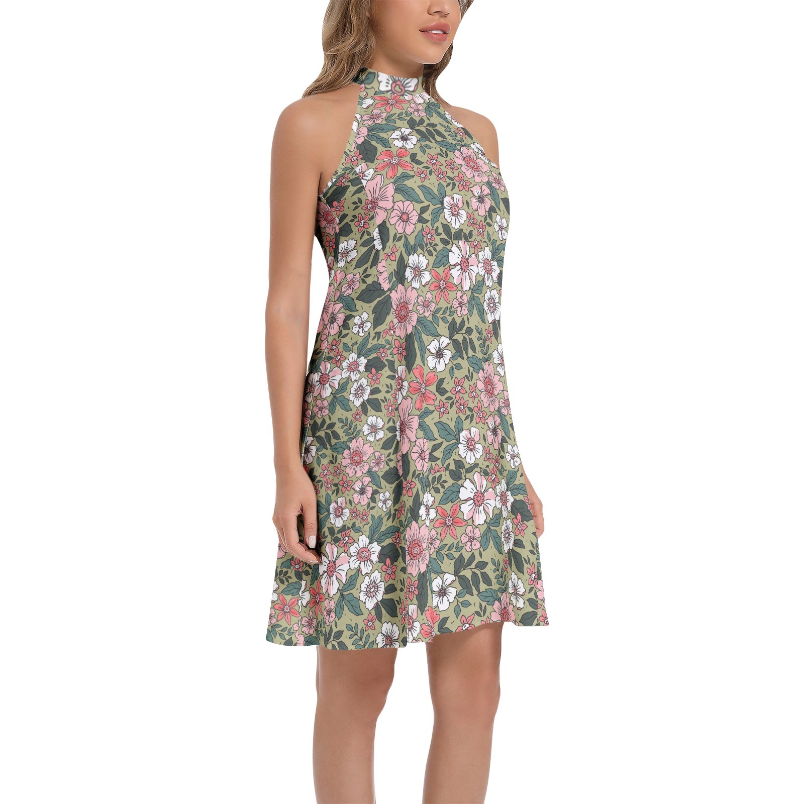 Tie Back Halter Neck Flared Dress