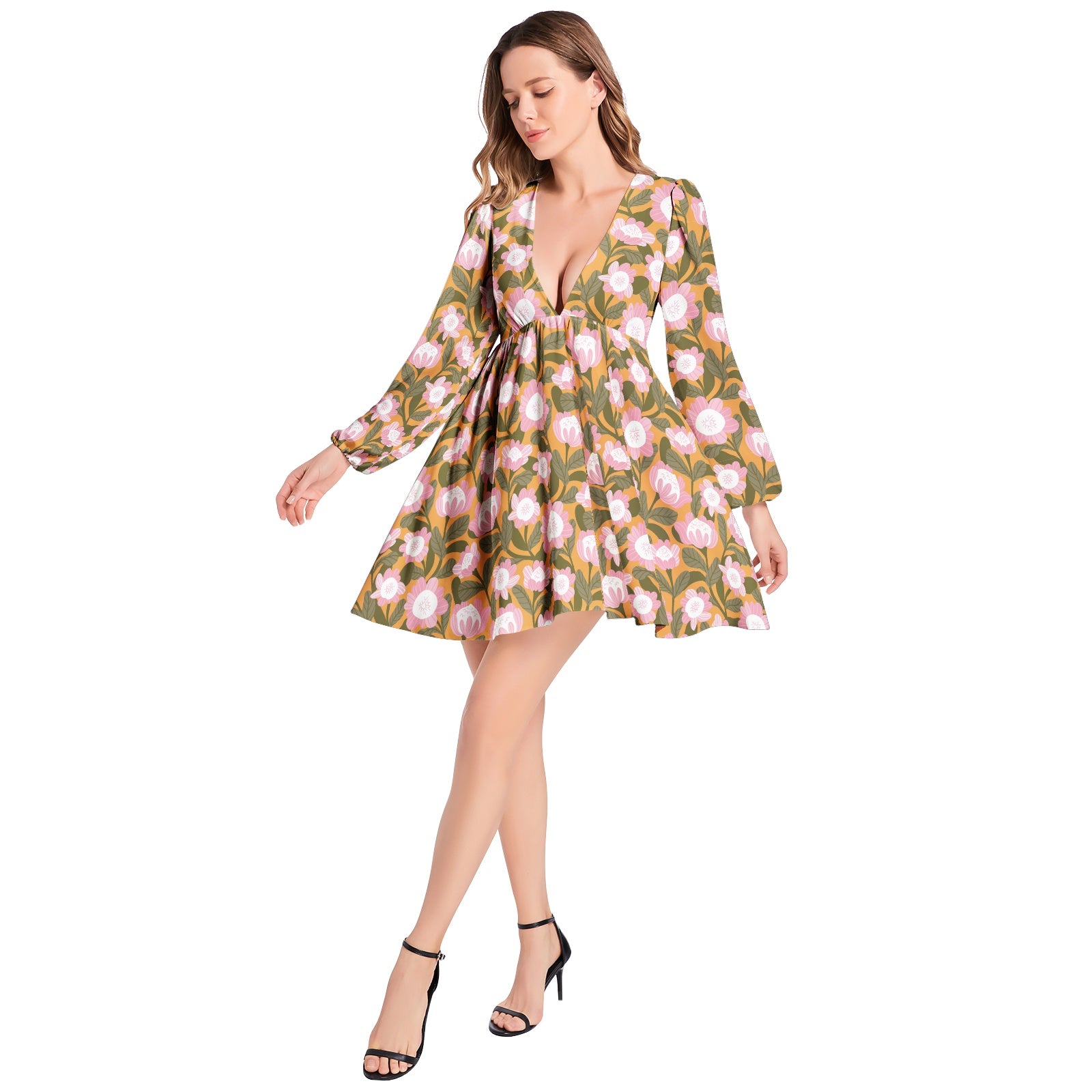 Lantern Sleeve Deep V-Neck Short Dress