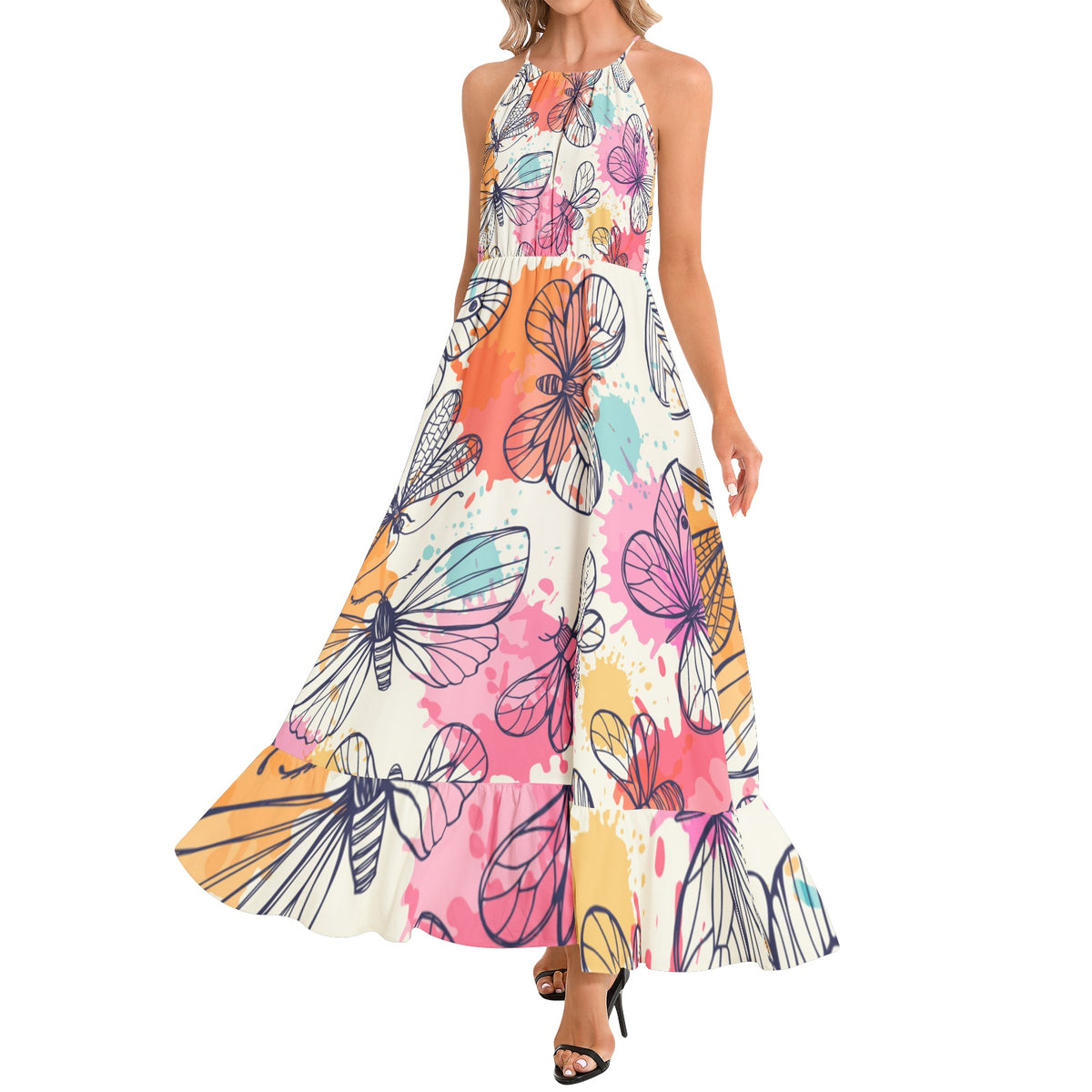 Ruffle Hem Halter Neck Maxi Dress