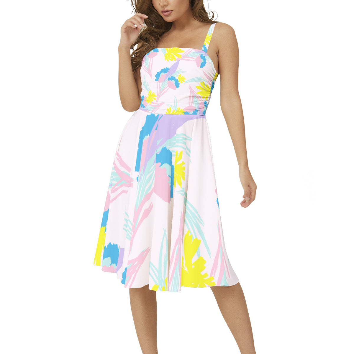 Sleeveless Square Neck Flare Hem Midi Dress