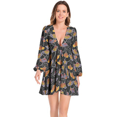 Lantern Sleeve Deep V-Neck Short Dress